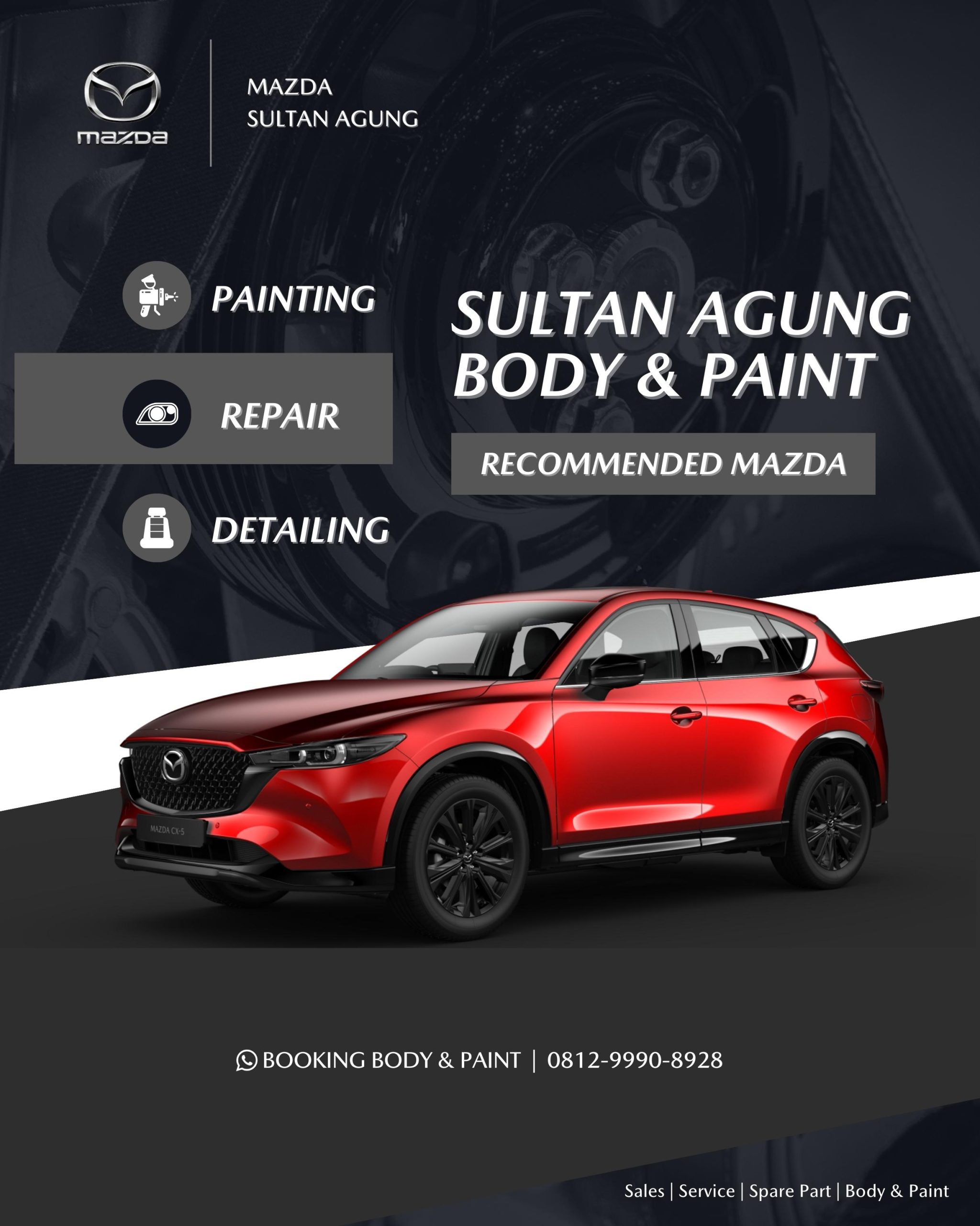Body & Paint Mazda Indonesia yang berlokasi di kota Bekasi. Mazda Sultan Agung Bekasi adalah bengkel cat / Body & Paint Resmi Mazda Indonesia.
